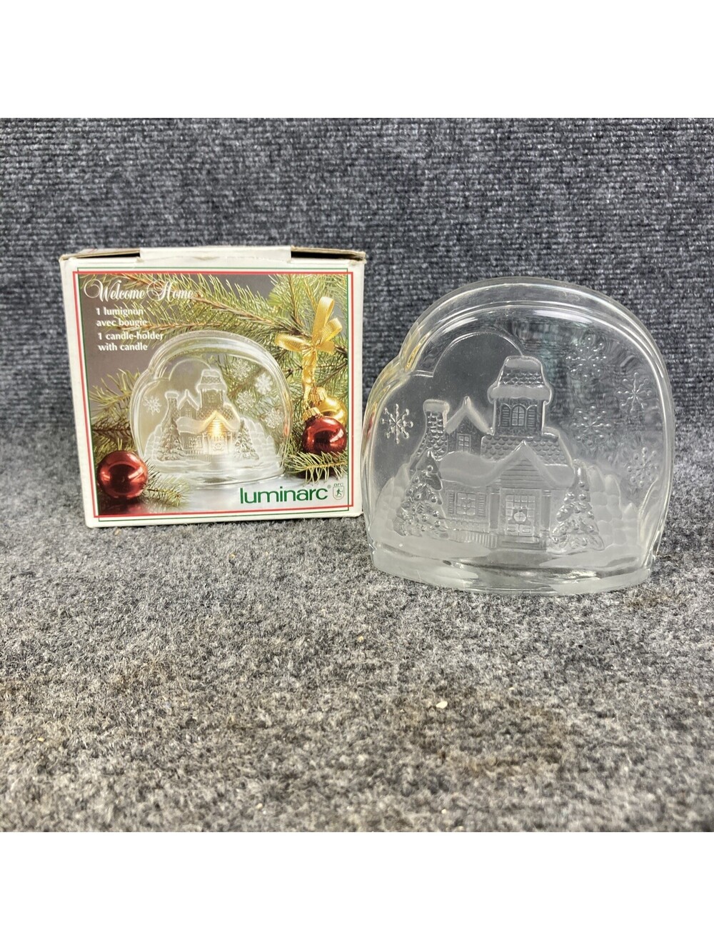 '91 Luminarc Glass Welcome Home Winter Snow Scene Tea Light Votive Candle Holder